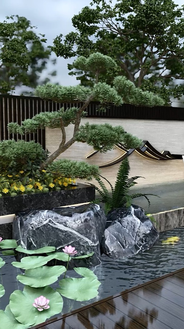 设计感十足的叠水鱼池丨快给你家院子安排起来-度小视
