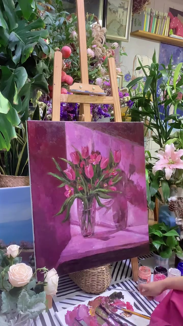 手绘油画粉色郁金香过程