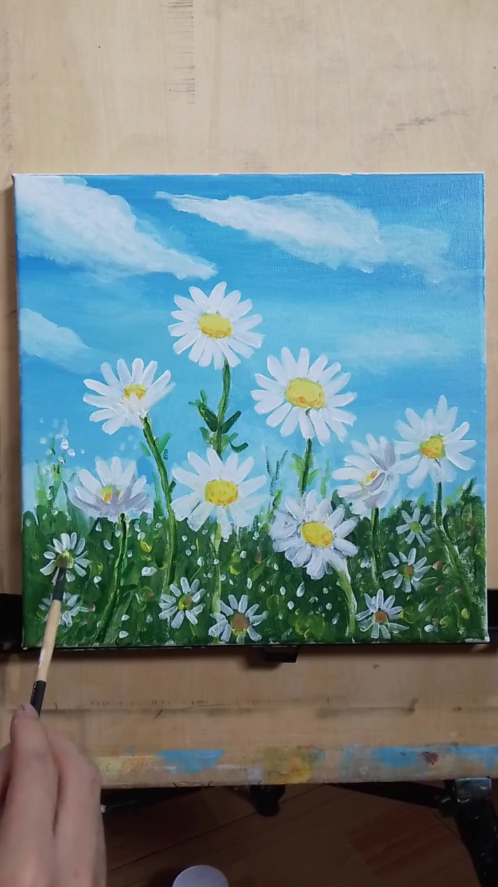 简单易学的丙烯风景画春天小雏菊