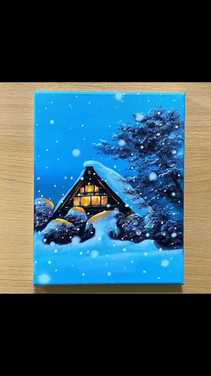 丙烯画冬日雪景分享好暖和的房子
