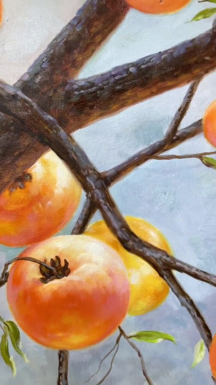 手绘油画,柿柿如意农村院子里,经常可以看见一两株叶大光洁-度小视