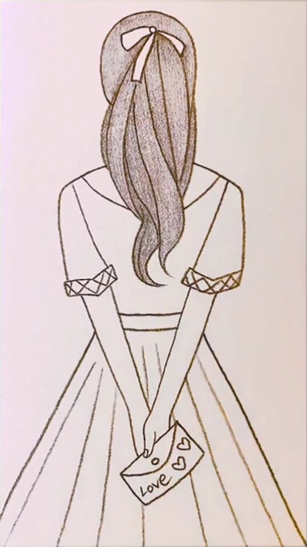 铅笔画;拿着表白信的马尾辫女孩-度小视