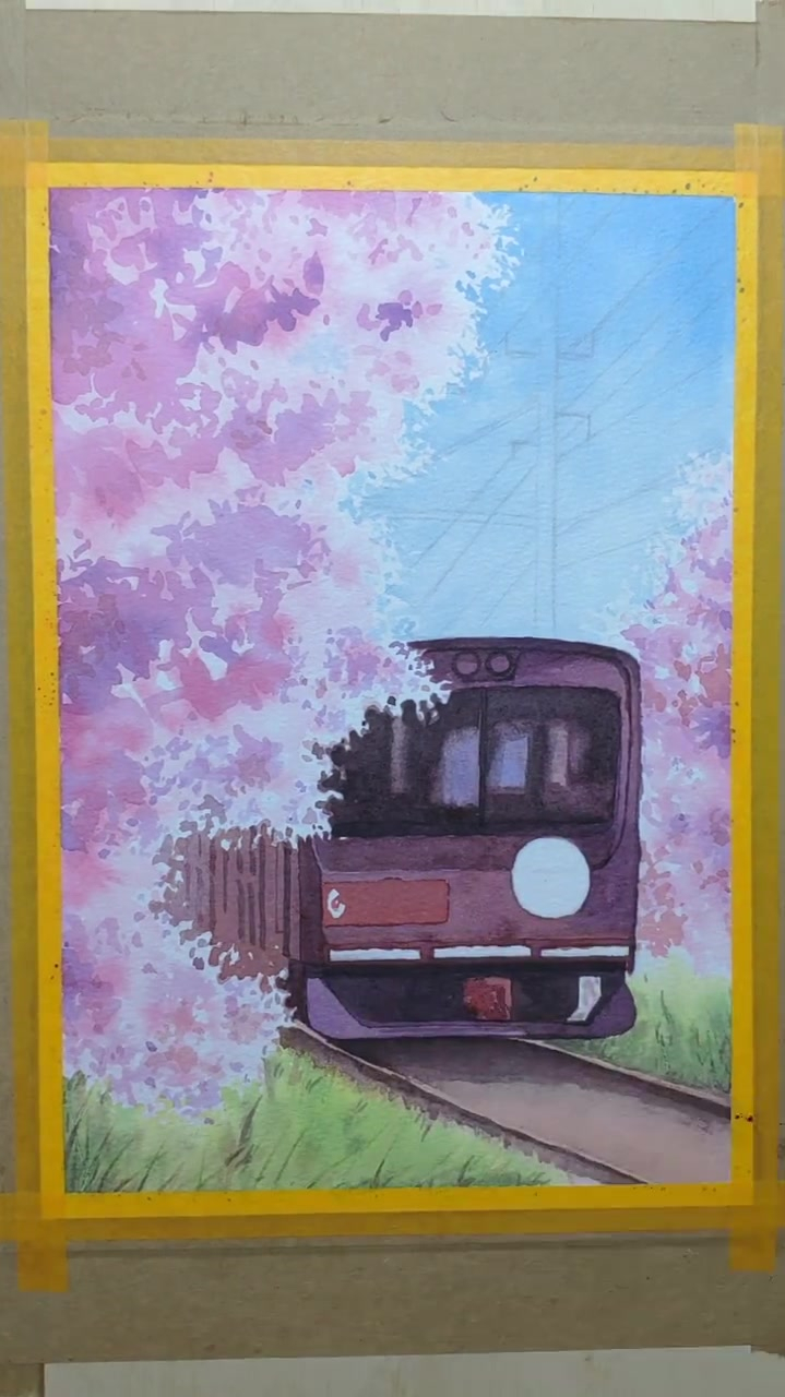 手绘水彩画樱花列车过程技法