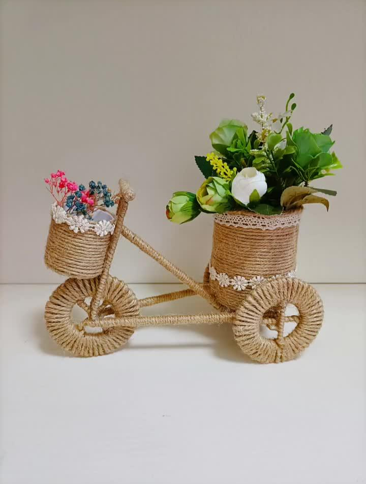 矿泉水瓶废纸板改造麻绳单车花篮,有没有很可爱-度小视