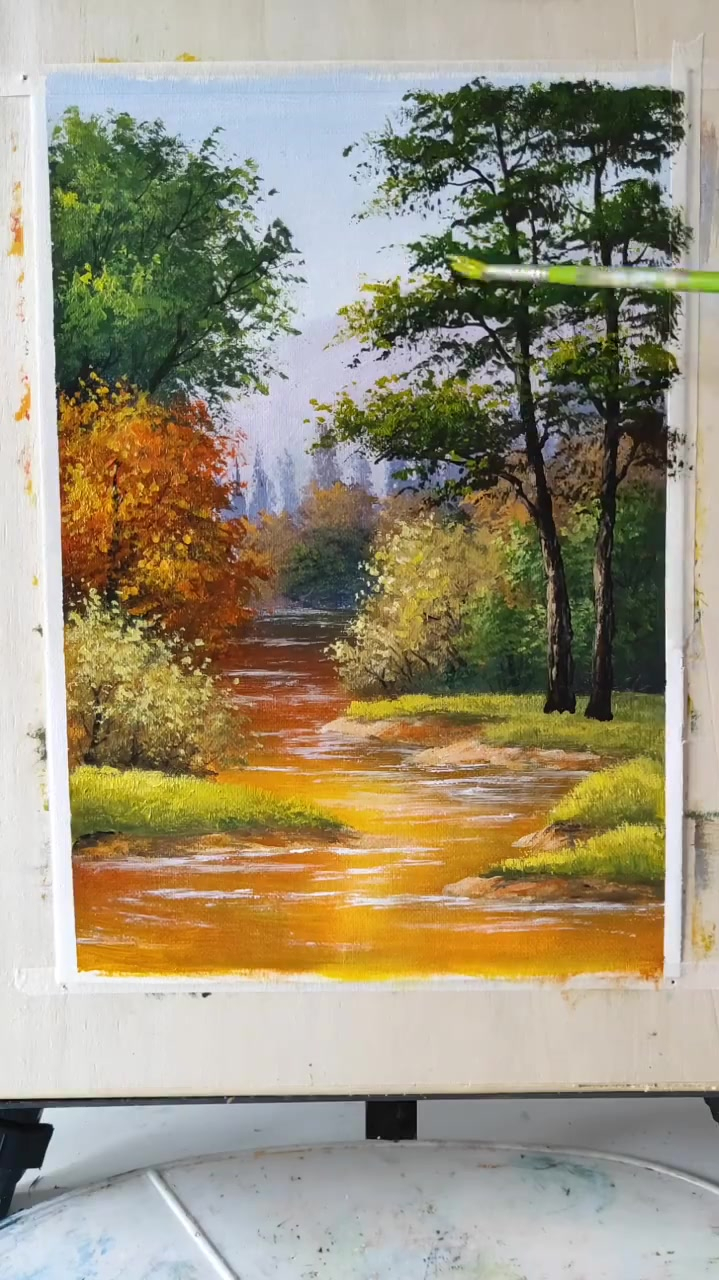 丙烯画风景画,流过丛林的小溪