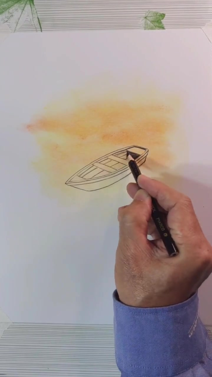 彩铅画夕阳下河中的小河有点孤零零的