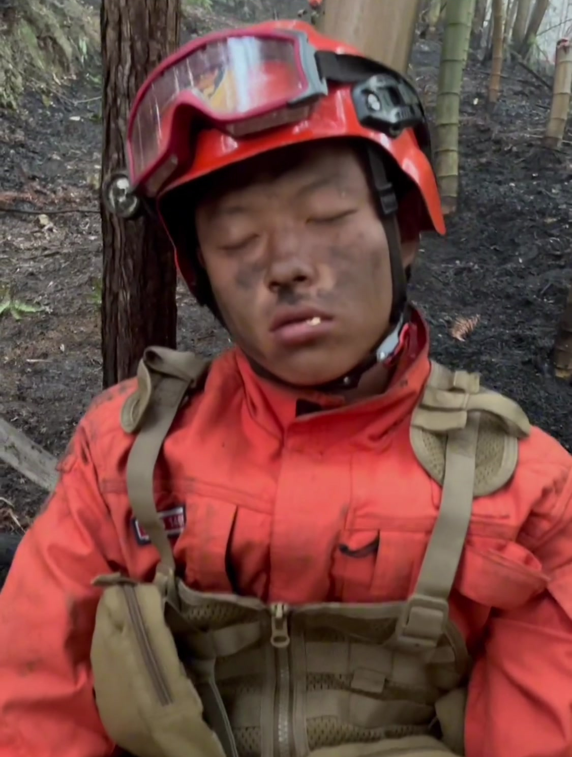 消防员连续奋战十几个小时,拿着没吃完的面包就睡着了