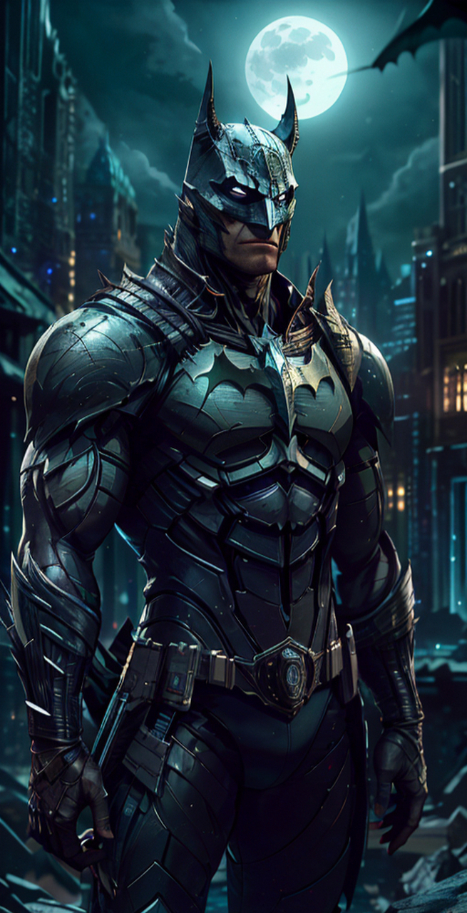 来自黑暗骑士的蝙蝠侠巍然屹立在一座哥特式失落的城市中.