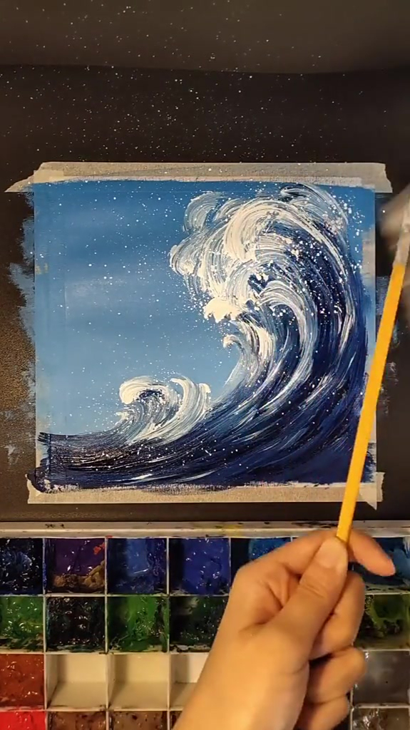 牙刷画的海浪敲自然的水粉画