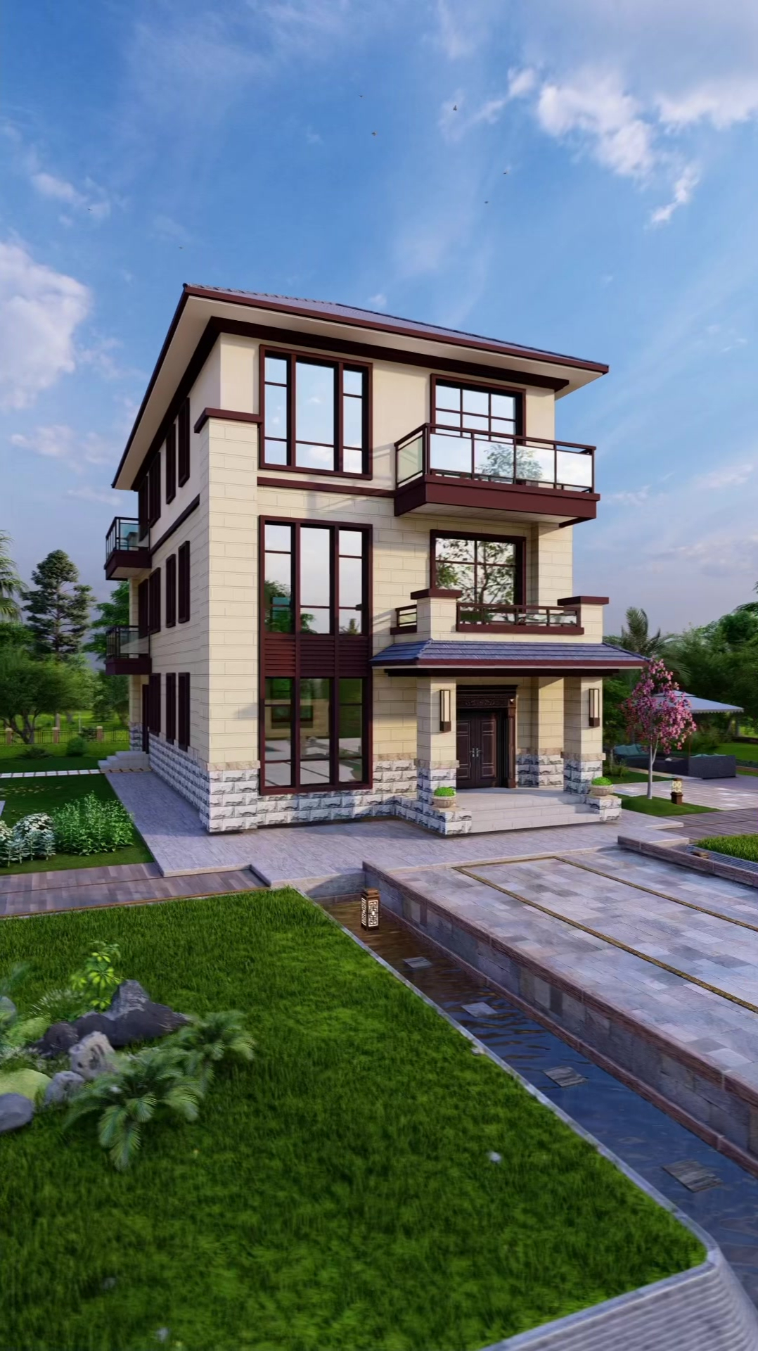 开间8米2宽进深15米5长别墅设计图纸三层新中式网红楼房建房图纸效果