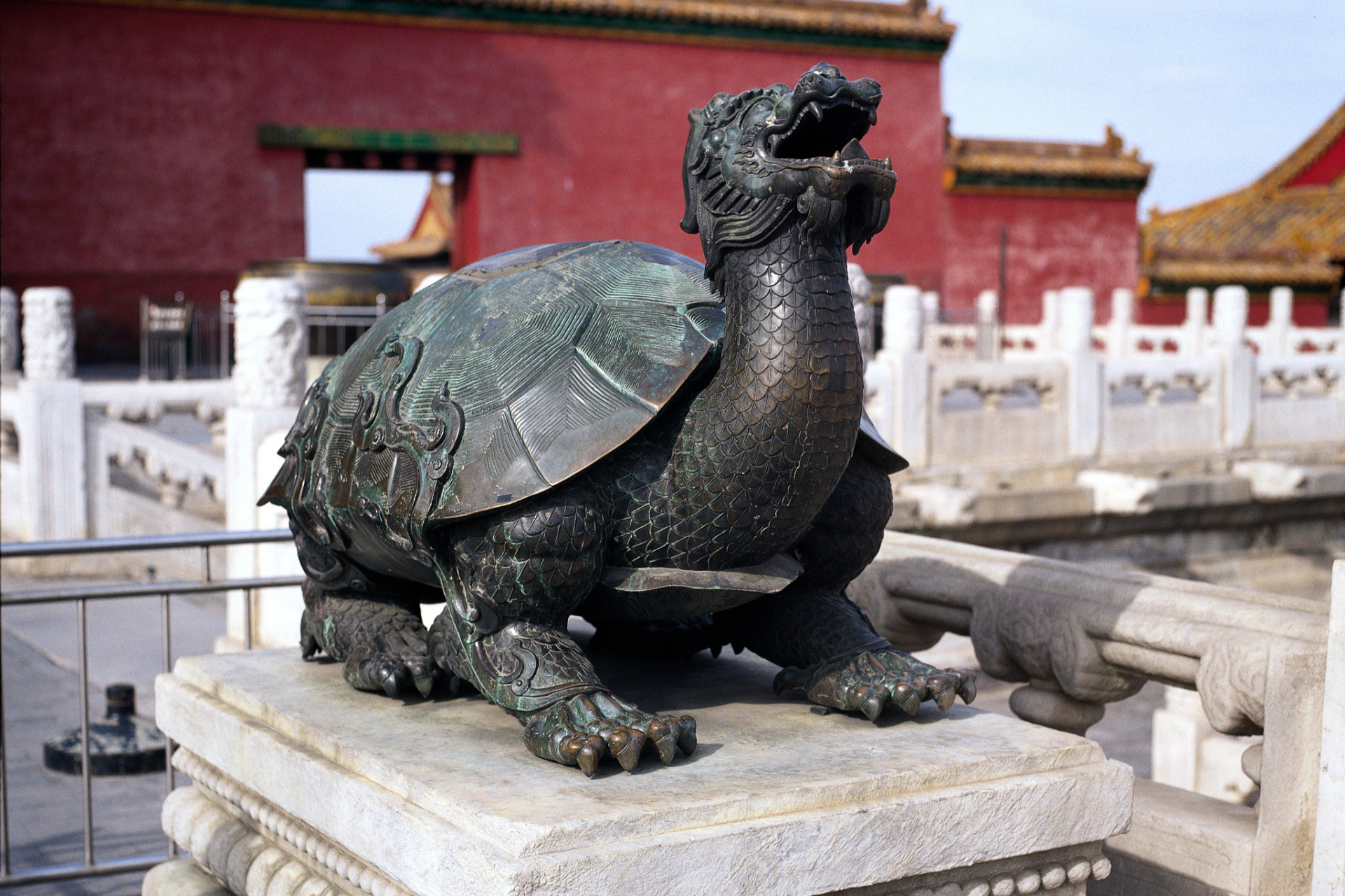 龙龟雕塑有深邃的眼睛和龙角,身躯刻满生命气息.