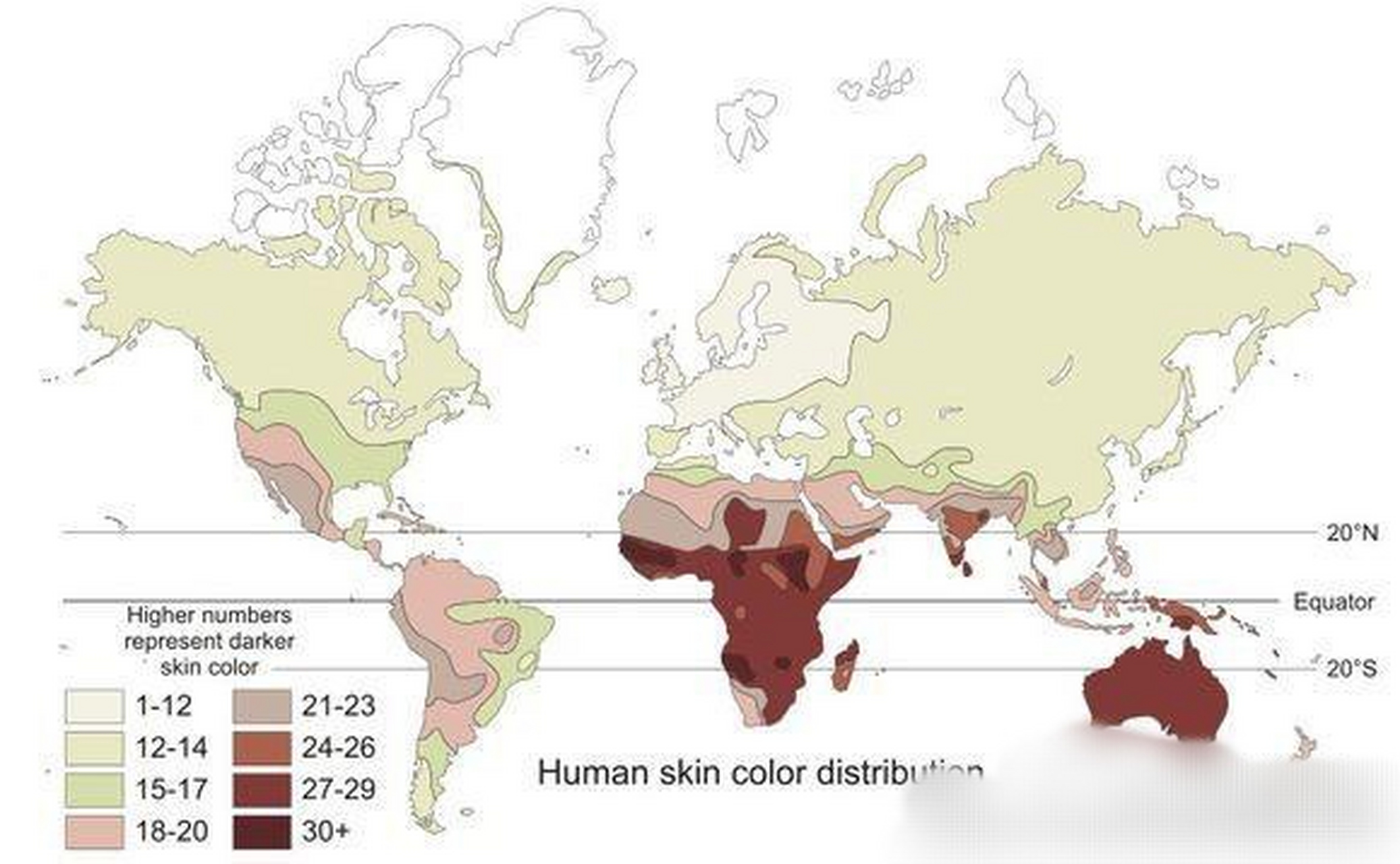 全球人口肤色对比图:这张地图中的黑是指皮肤中的黑色素含量,并不是