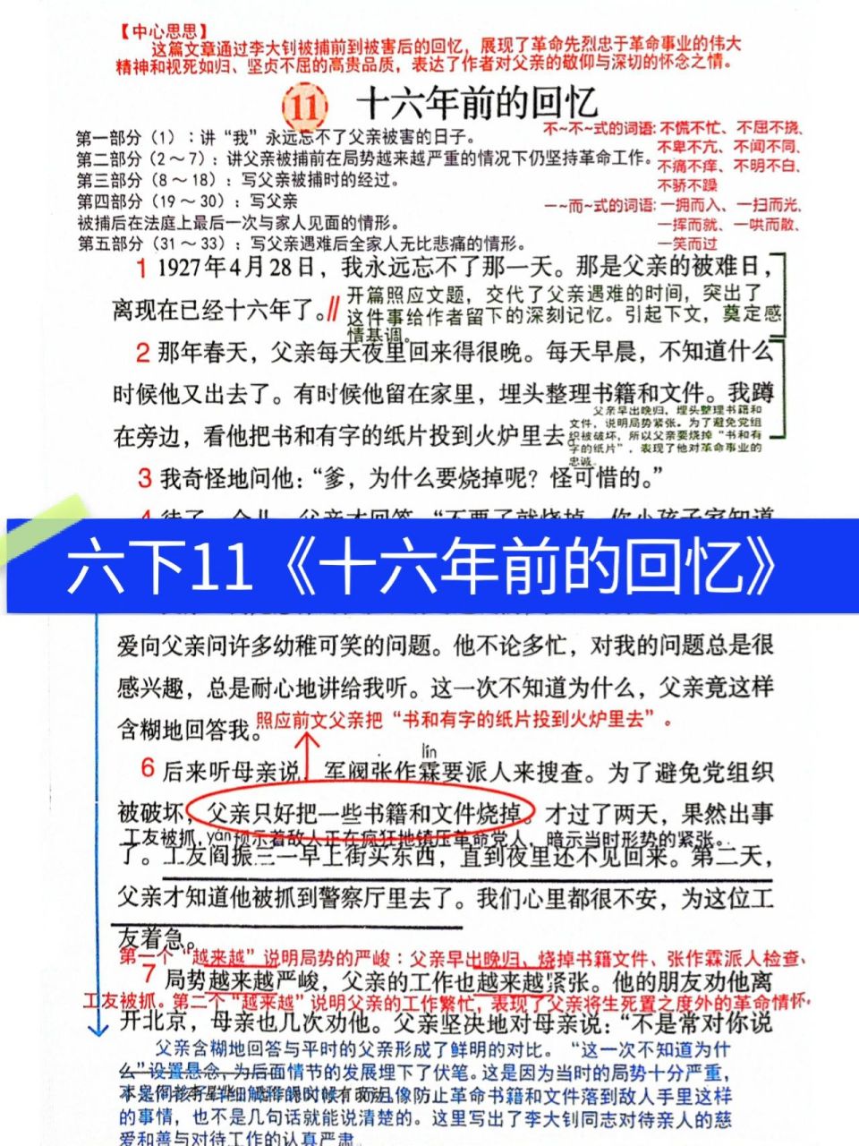 六下语文11《7十六年前的回忆》课堂笔记