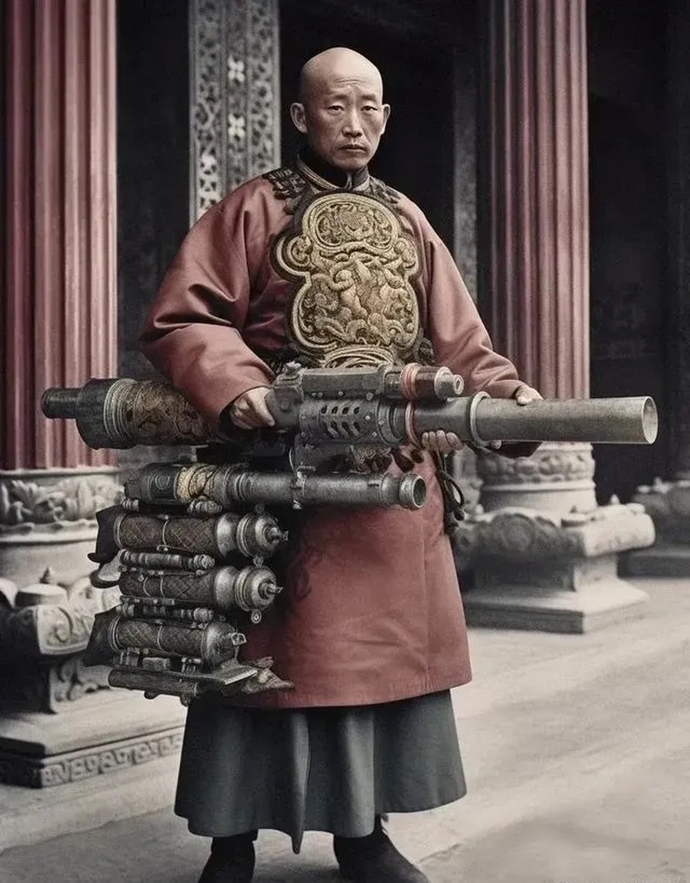 这是清朝人手持类似重型火器的图片,那么问题来了,你能从哪个细节可以