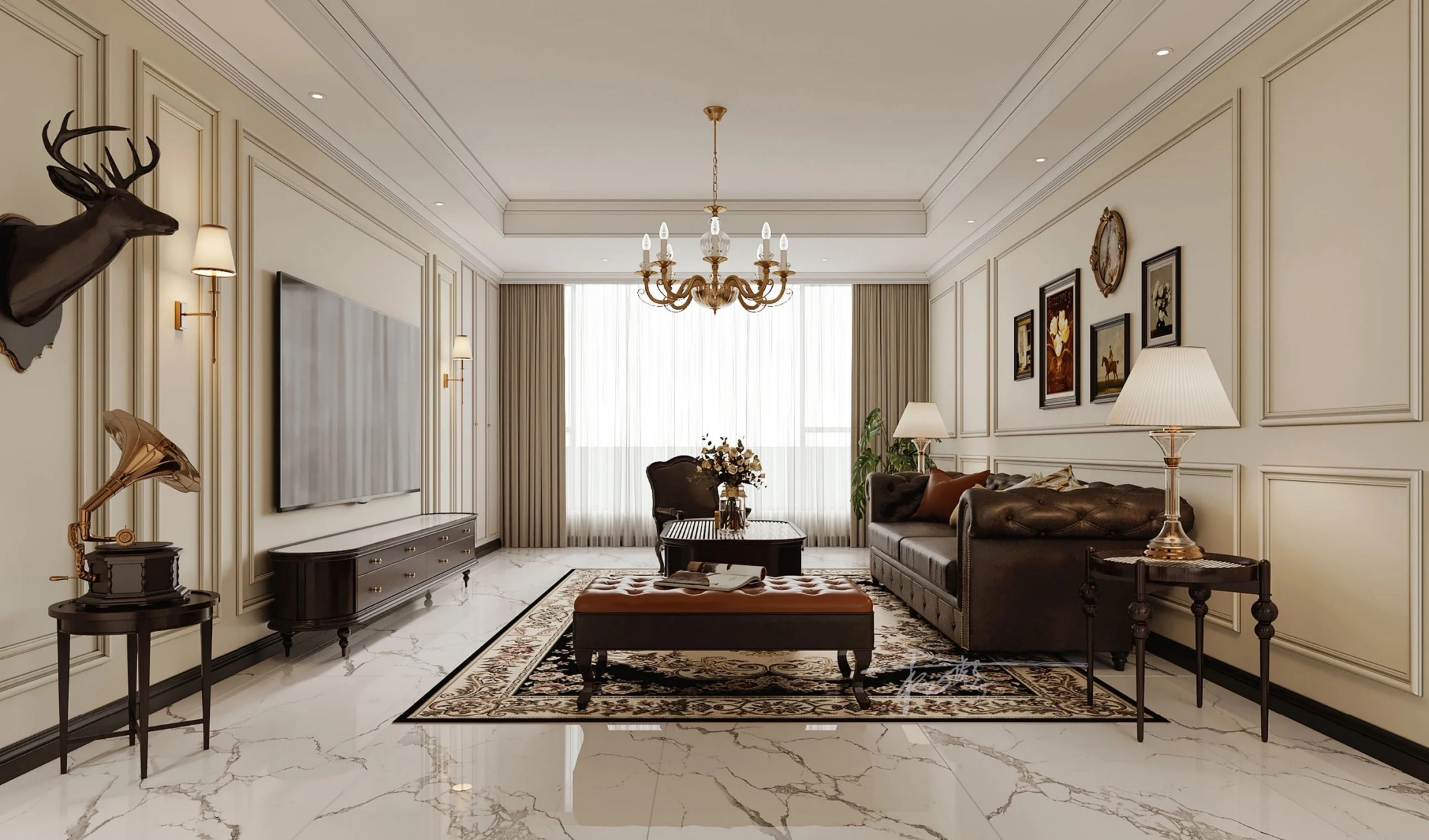 法式 中国古风 客厅精致的法式装修画以pu线条修饰墙体 空间巧妙得