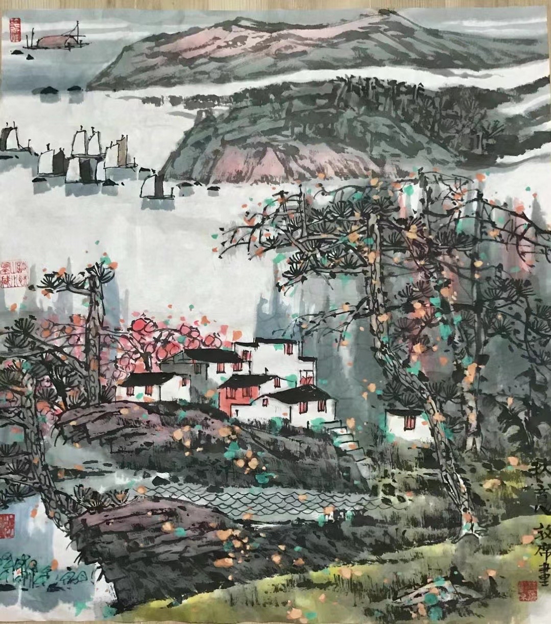 画家林敦席的彩墨山水画中处处体现着诗情,意境高远深邃