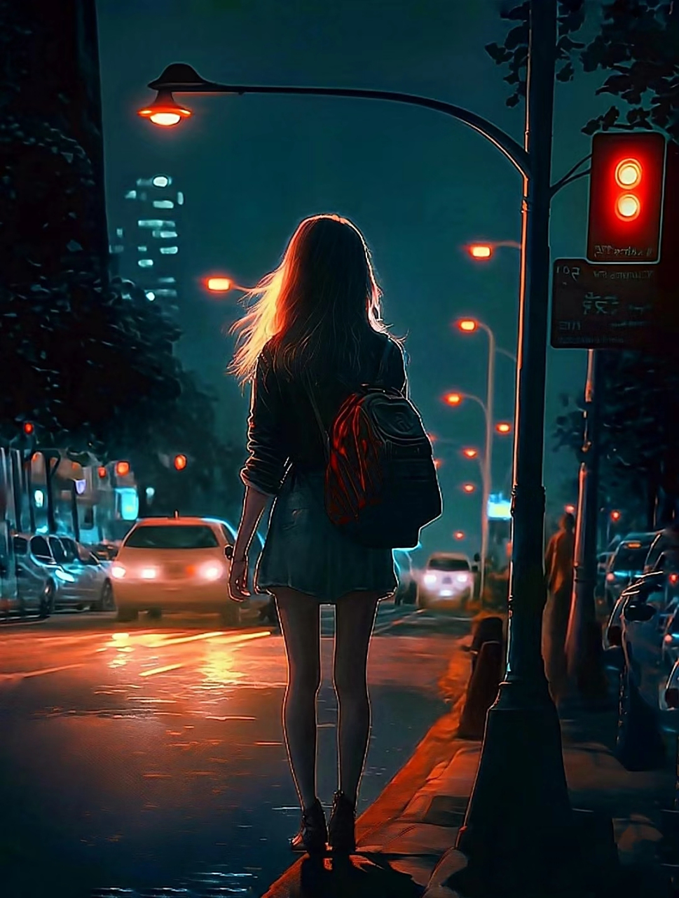 路过一个小区,路灯下,前方不远处,有一个妹子边走路边打电话.