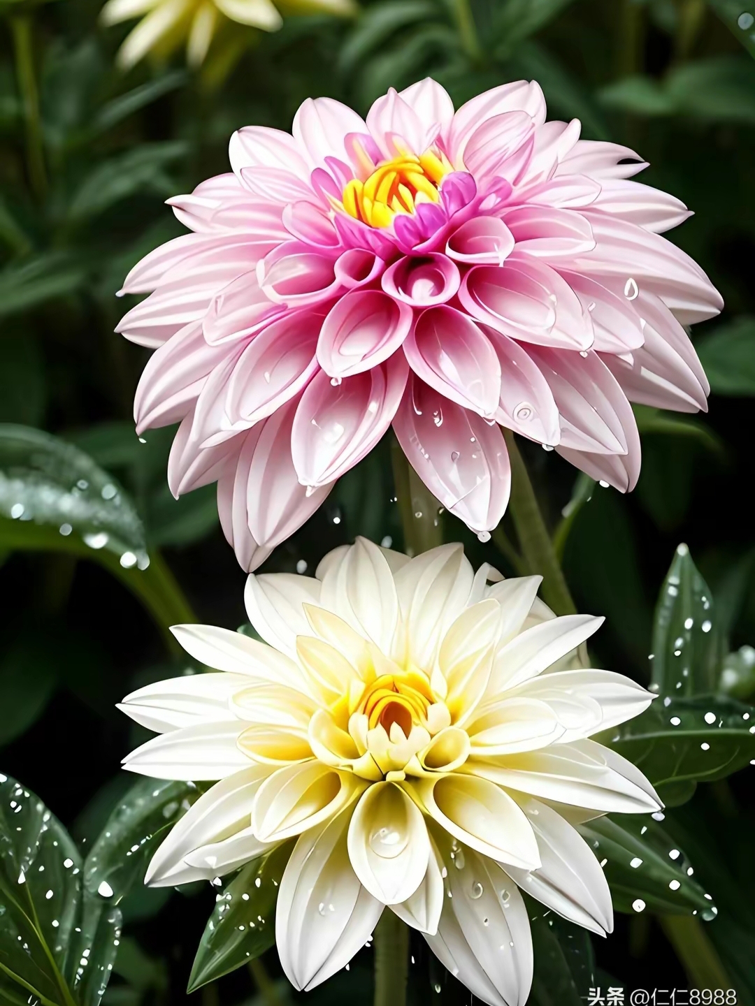 五颜六色的大丽花,五彩斑斓,花朵大而优美,百看不厌