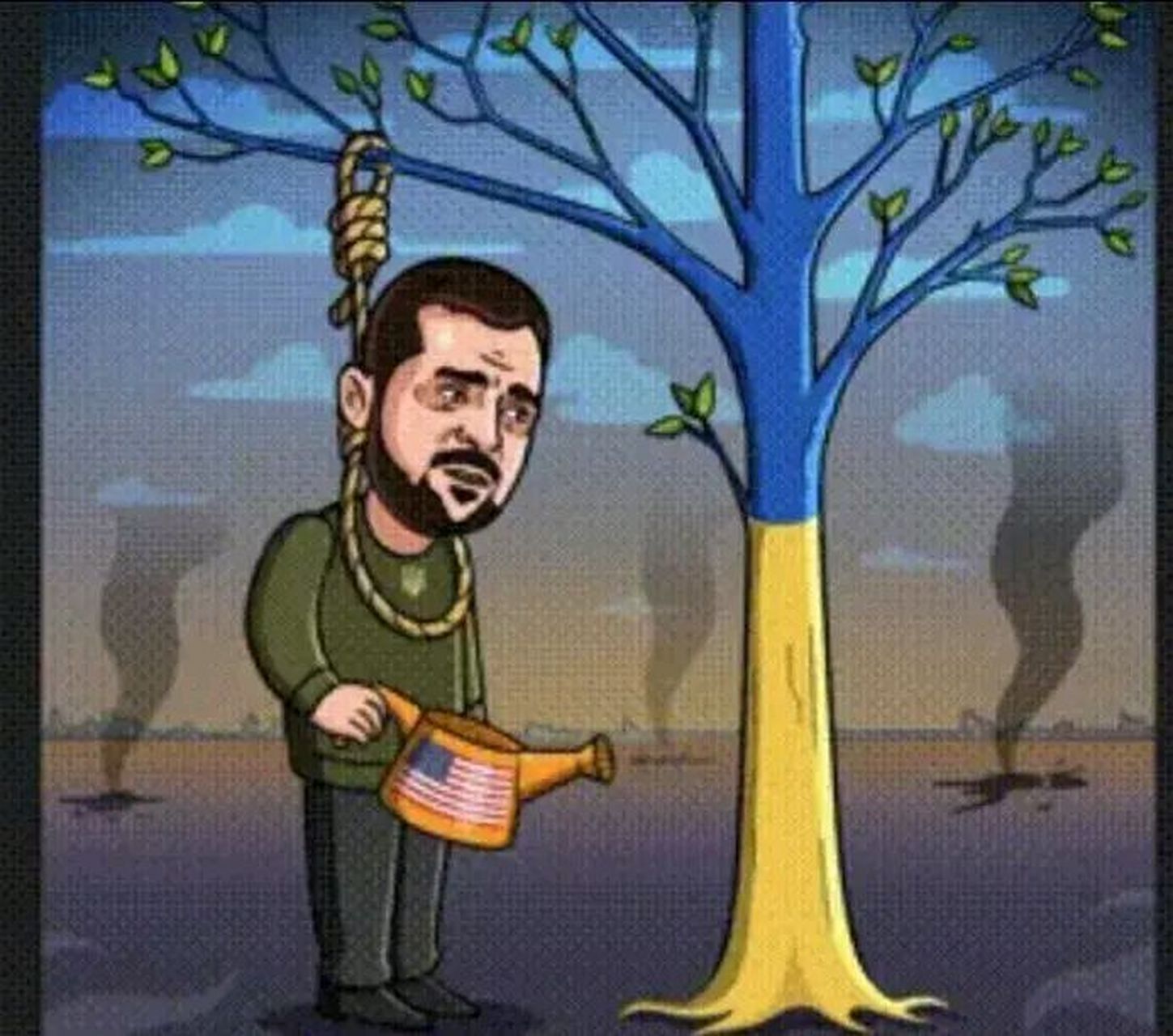 一幅描写泽连斯基和美国的漫画,十分生动形象,泽连斯基会为美国燃烧到