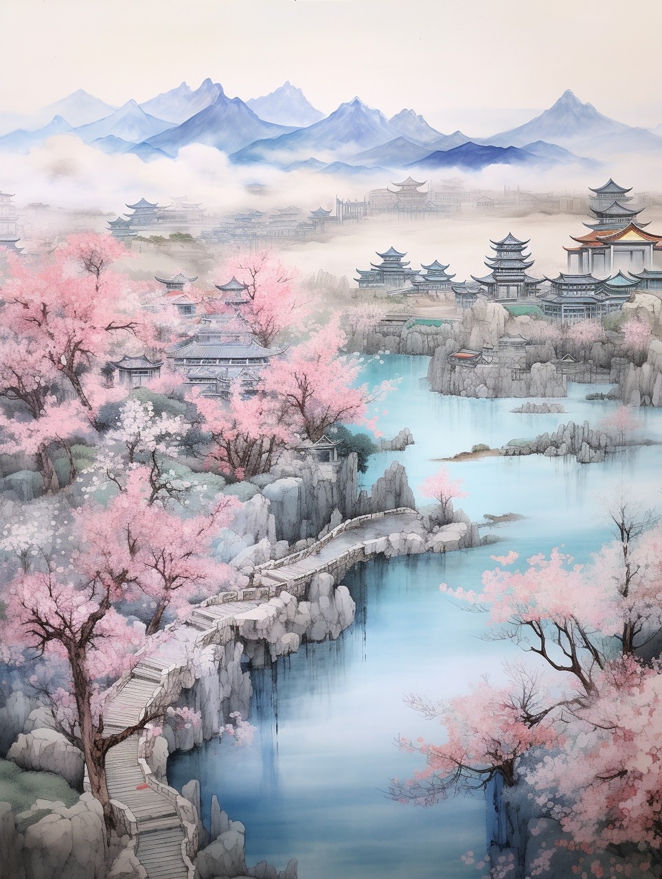 桃源只在镜湖中,影落清波十里红  #水墨山水画# #桃花源记