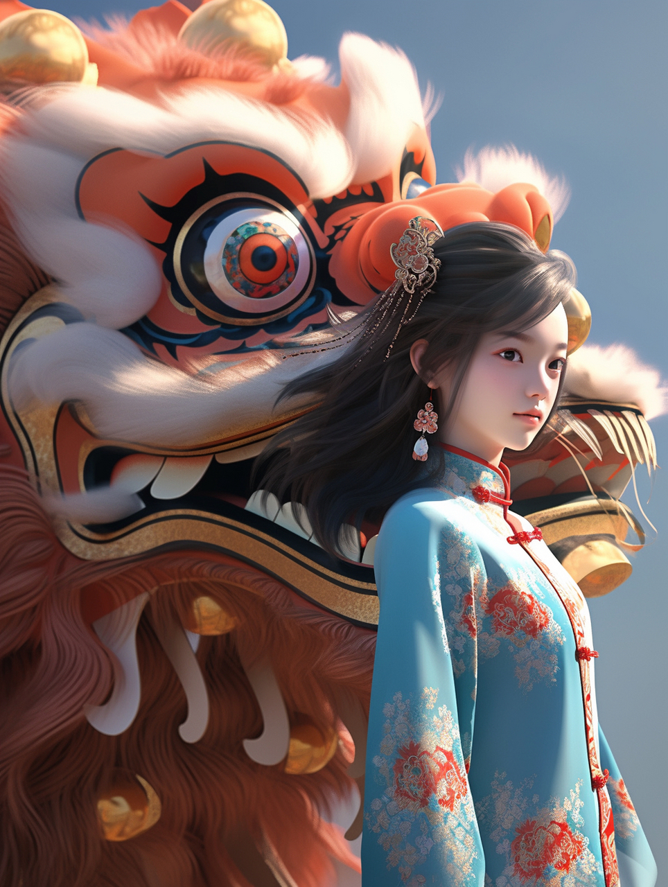 醒狮雄起,带有东方之美色彩,少女在雄狮的旁边是如此的美丽!