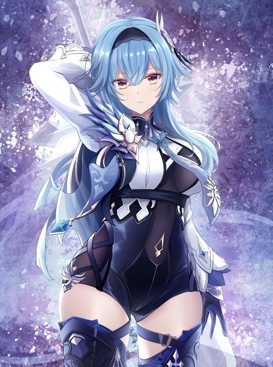 原神性感丰满的身材,穿着紧身的战斗服装,篮色的头发,使用双手剑,这就