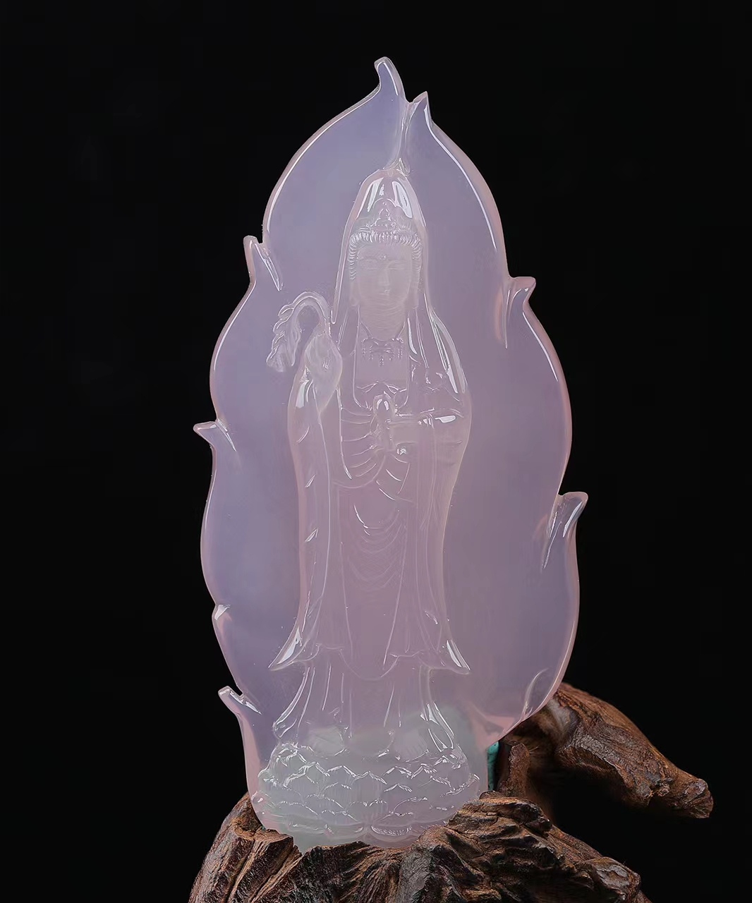 天然粉水晶站观音摆件#粉水晶摆件