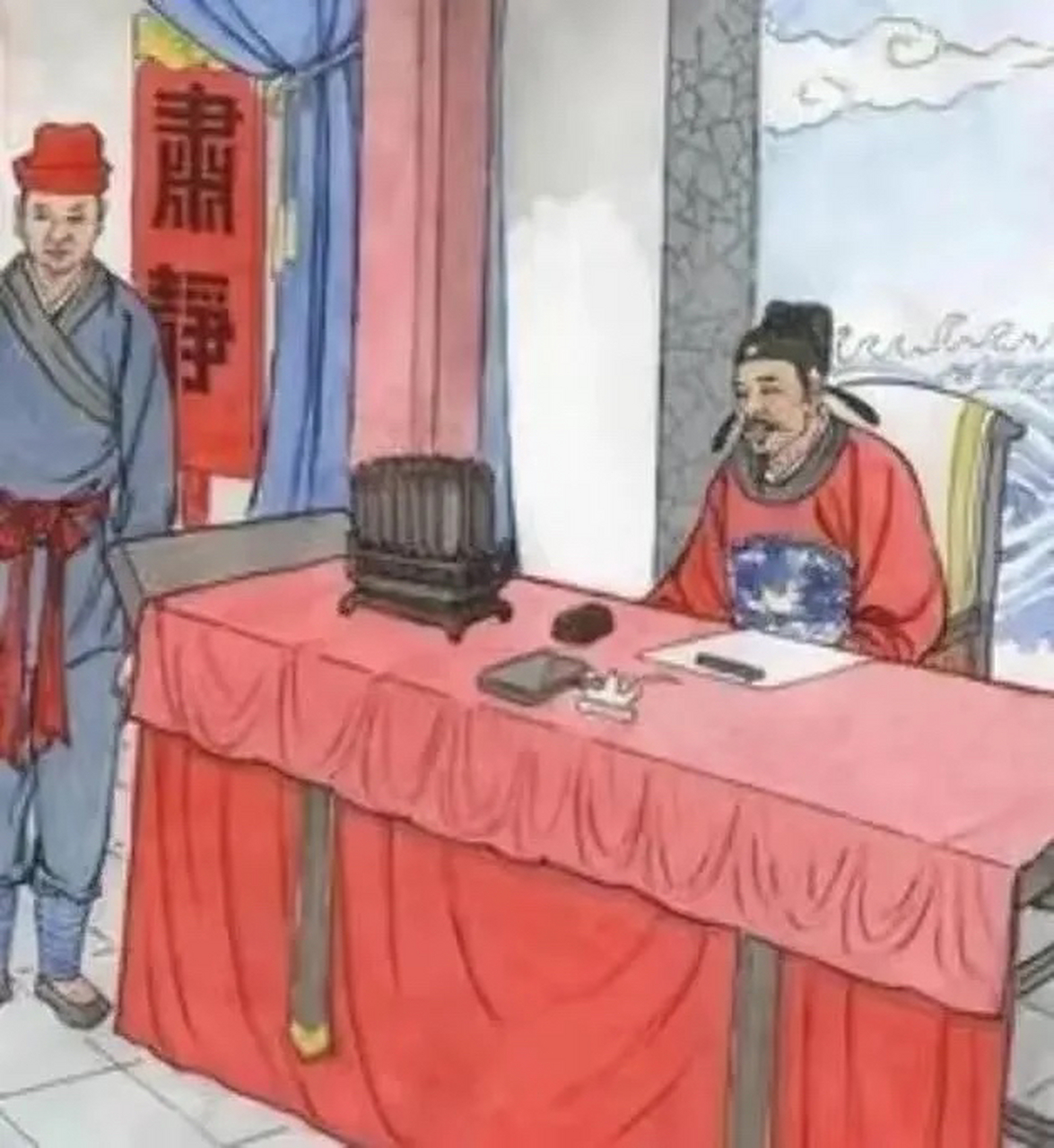 县令立刻升堂审案:"来呀,给我拿根木桩,一把大称来.