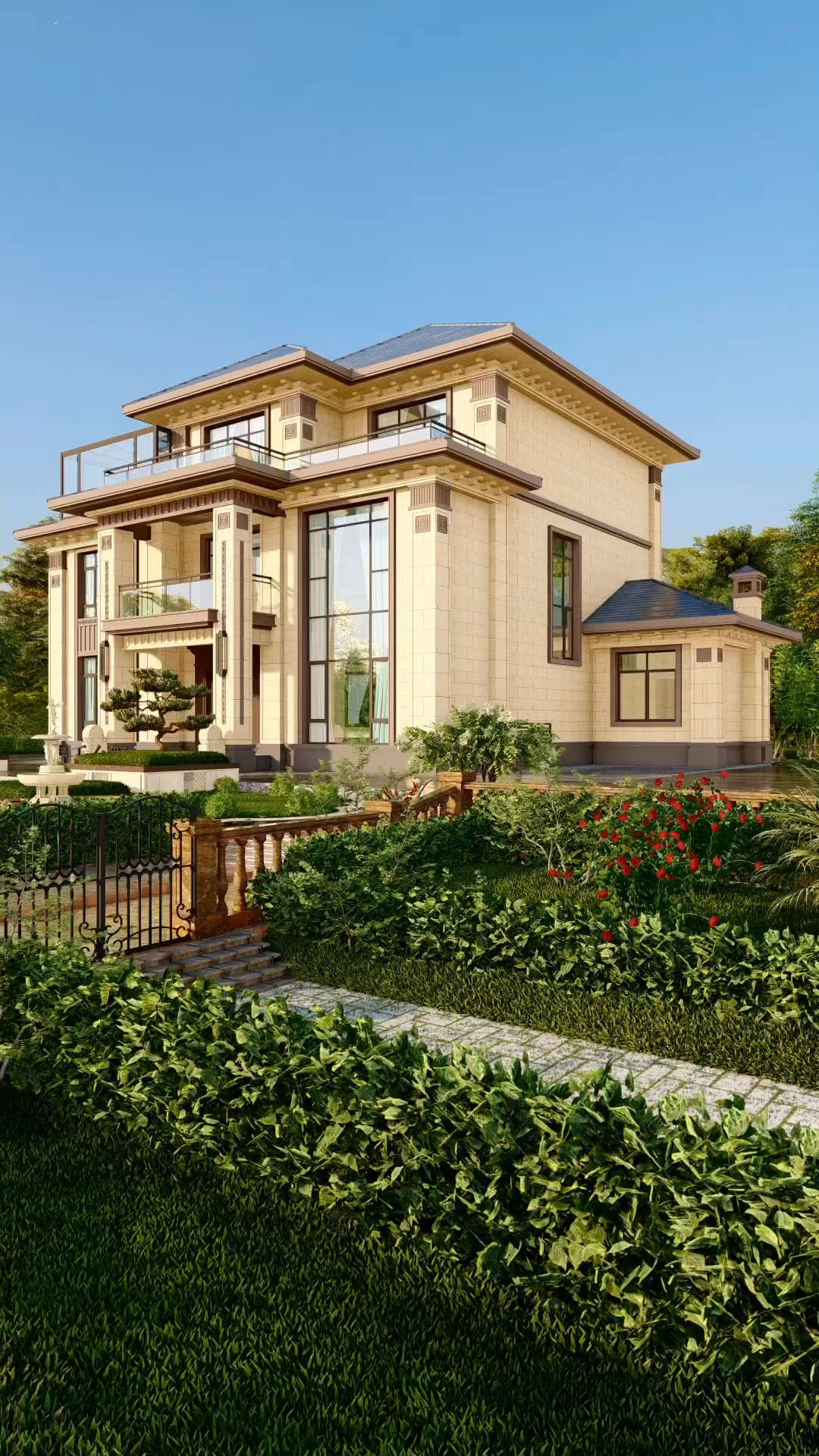 回老家建房,推荐这款三开间新中式三层别墅图纸,出挑两层门厅,超大