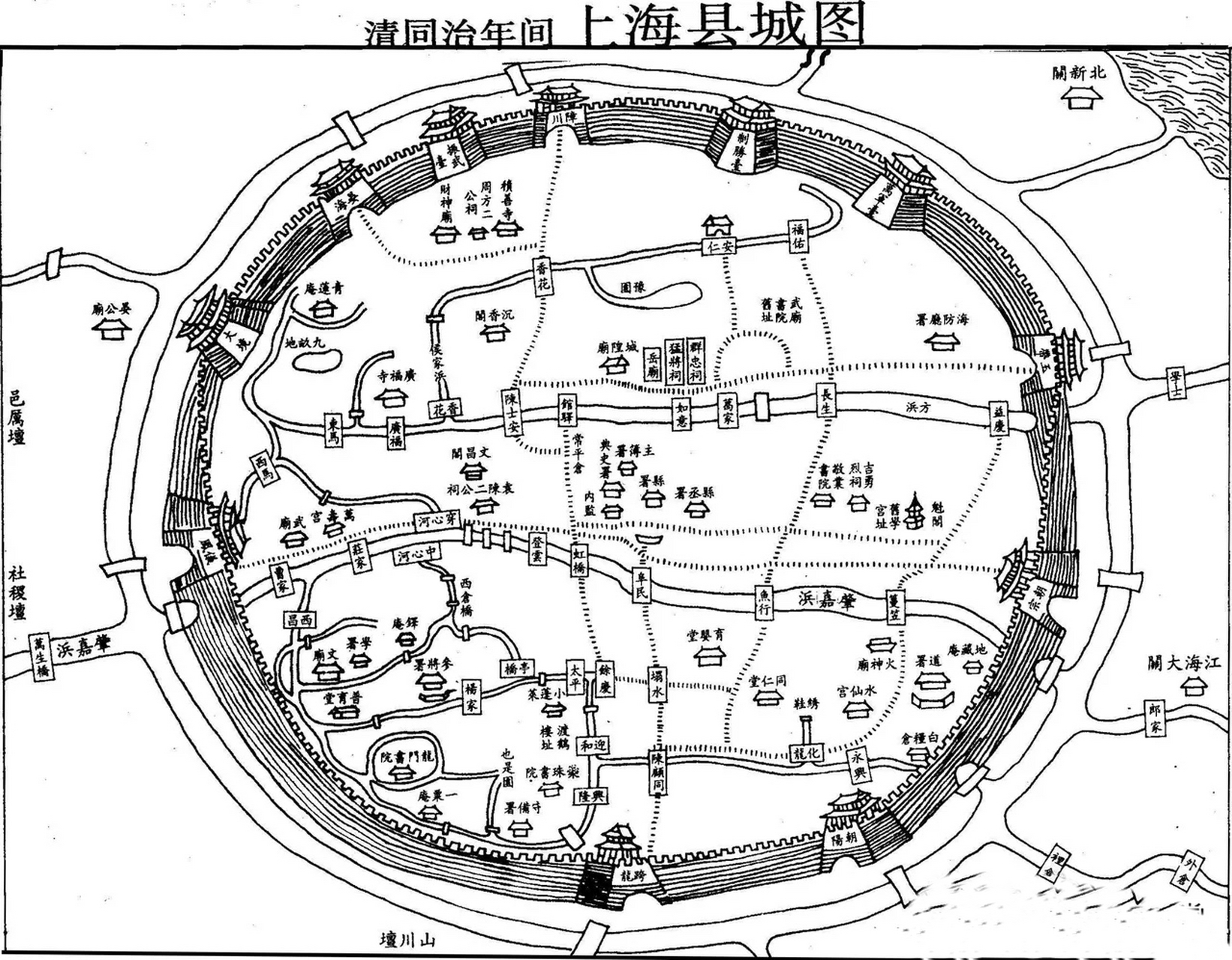 1553年12月建成的上海县城周围9里,有6个城门,分别是朝宗门(大东门)