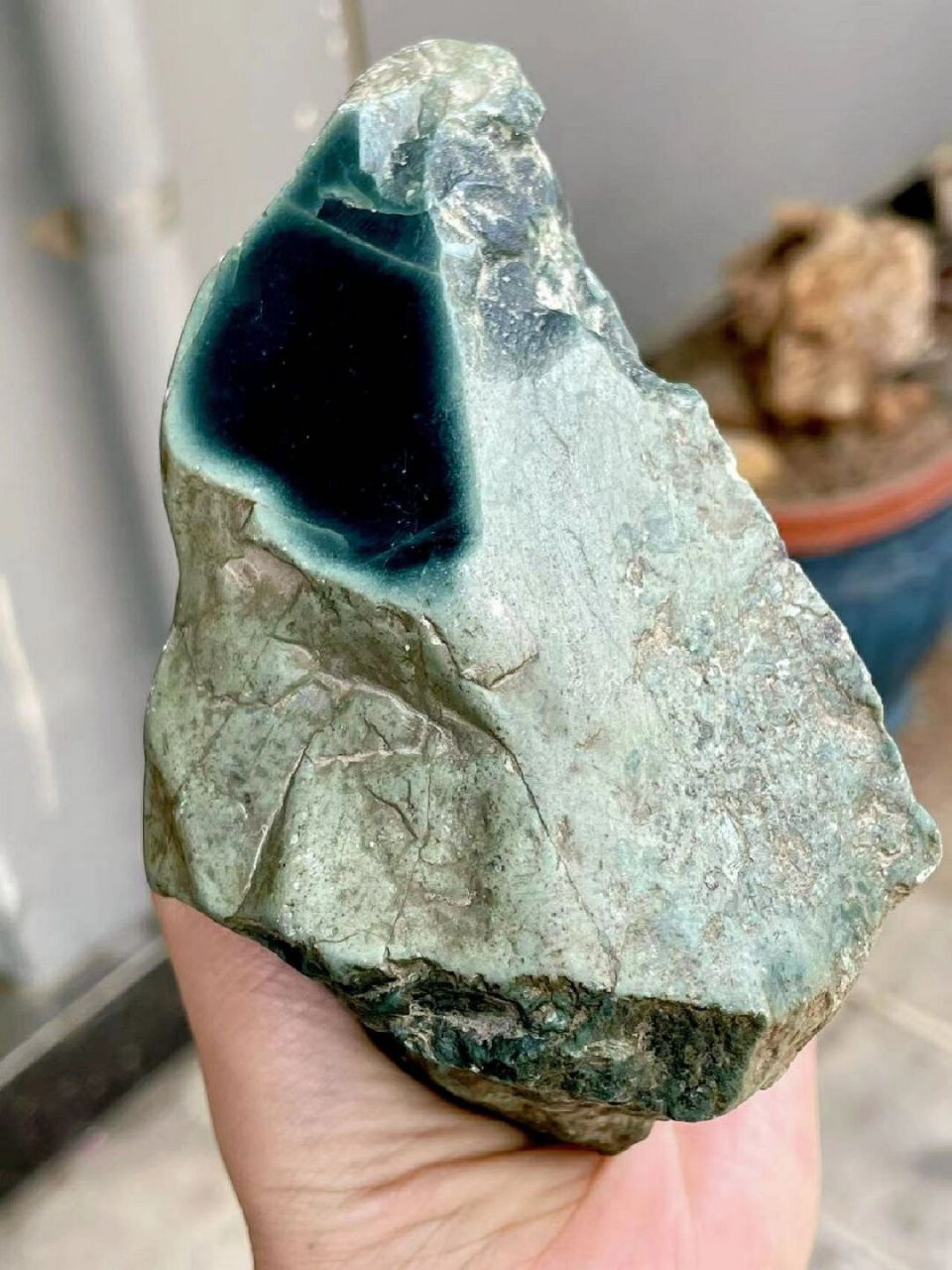 翡翠原石# #点击头像看直播# 老皮老后江,645克,切口墨翠,底子干净