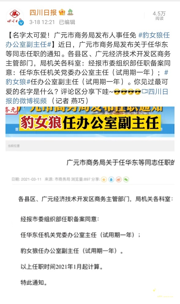 今天广元又火了!因"豹女狼"这个名字,让一份任命受到广泛关注