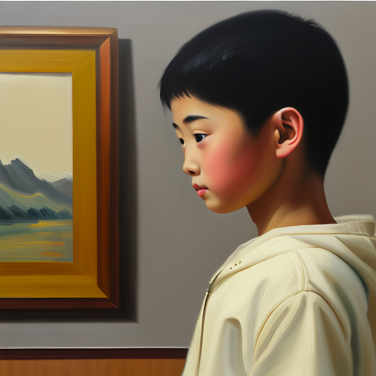 美术馆里的10岁小朋友看画展,现代风油画