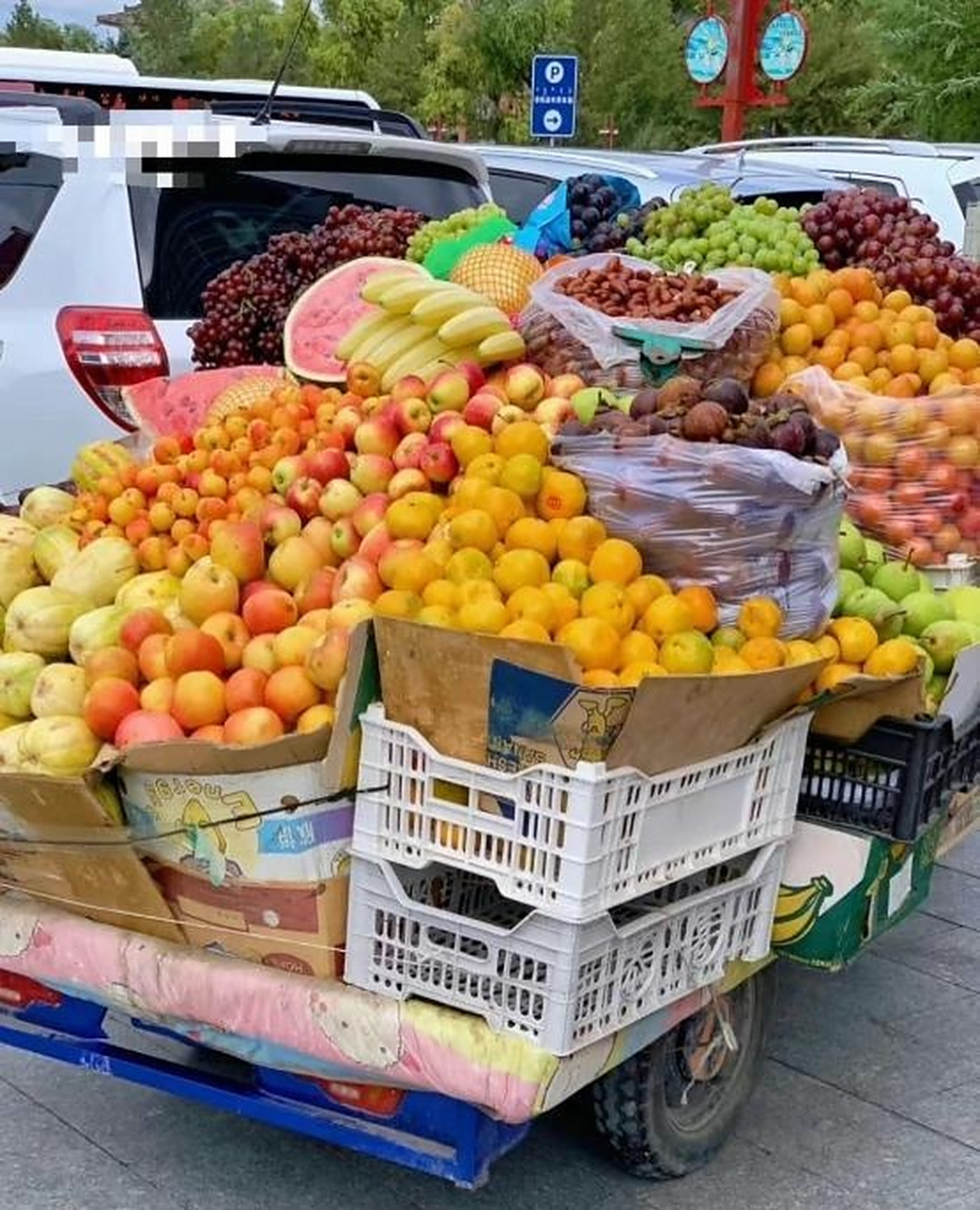 网友大爷这一车水果摆的自然又好看,艺术细胞满满!