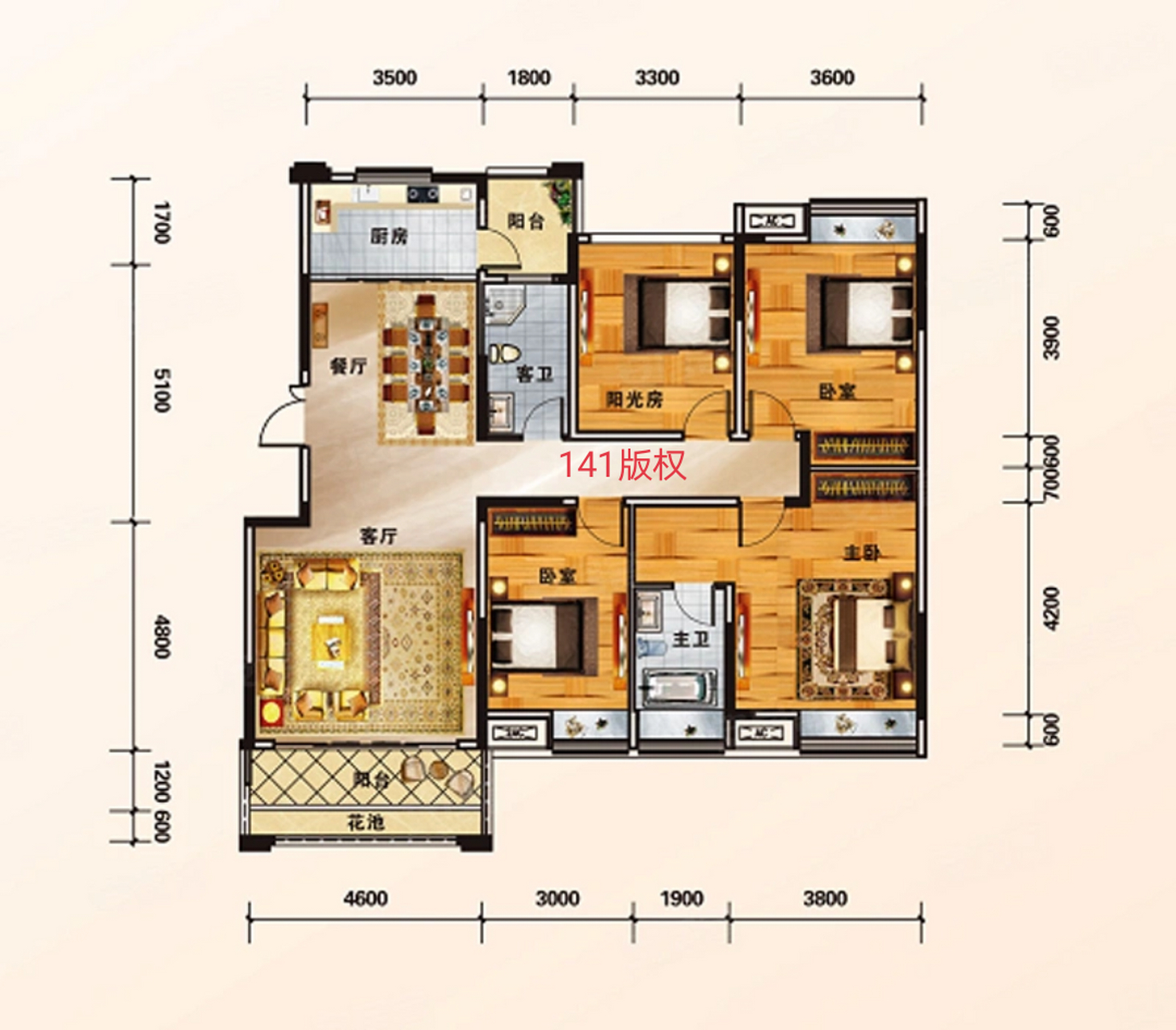户型不大,不到142平米,却是很多人理想中的四居室的房子