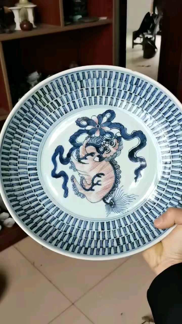 清青花釉里红狮子大盘 口径28.