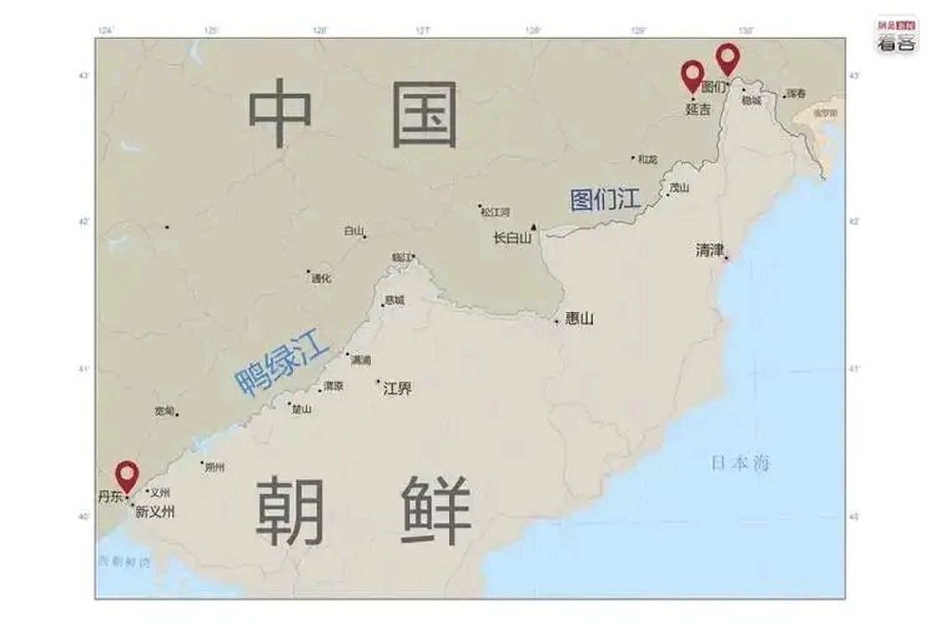 中国和朝鲜边界主要依靠图们江,长白山和鸭绿江的地势划分.