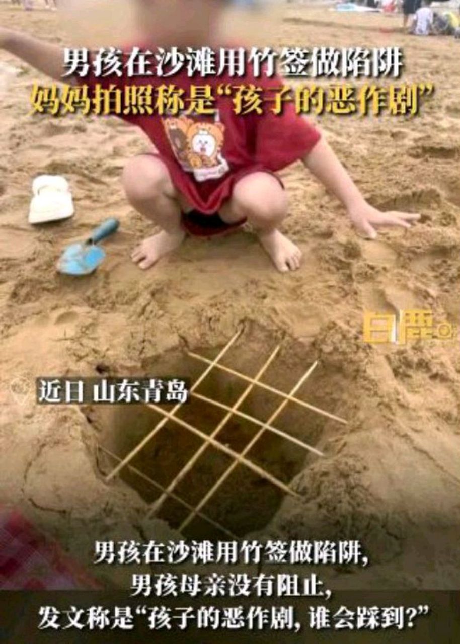 山东青岛一男孩母亲晒出孩子在金沙滩用竹签做陷阱的图片,并配文称"