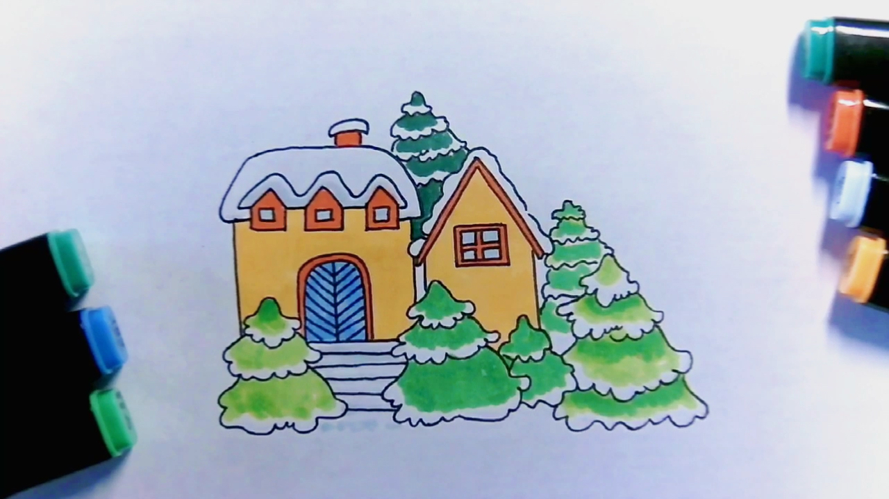 简笔画儿童画大全49.手绘漂亮的雪景小屋插画,在家学画画