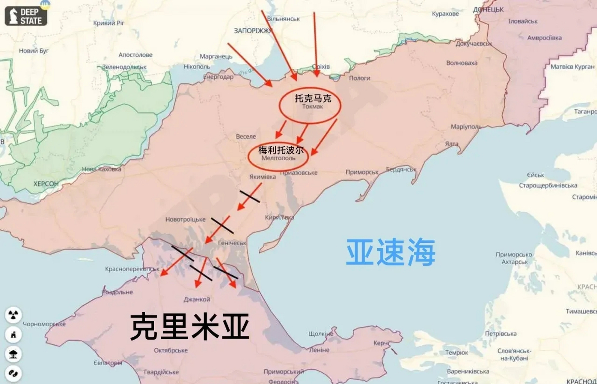 乌克兰的反攻路线:拿下托克马克,梅利托波尔,到达亚速海,切断克里米亚