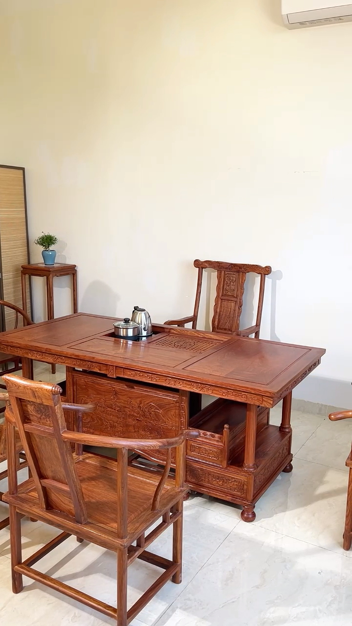 一款好茶台每天都在分享,精美牡丹茶台六件套#刺猬紫檀#红木茶台