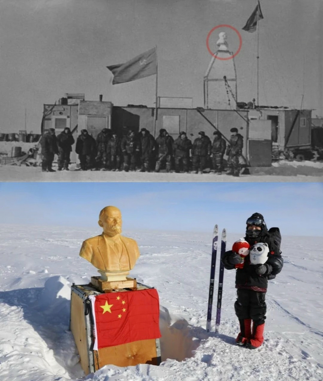 1958-2022,上图是苏联的南极难抵极的简易科考站,将一尊列宁像置于