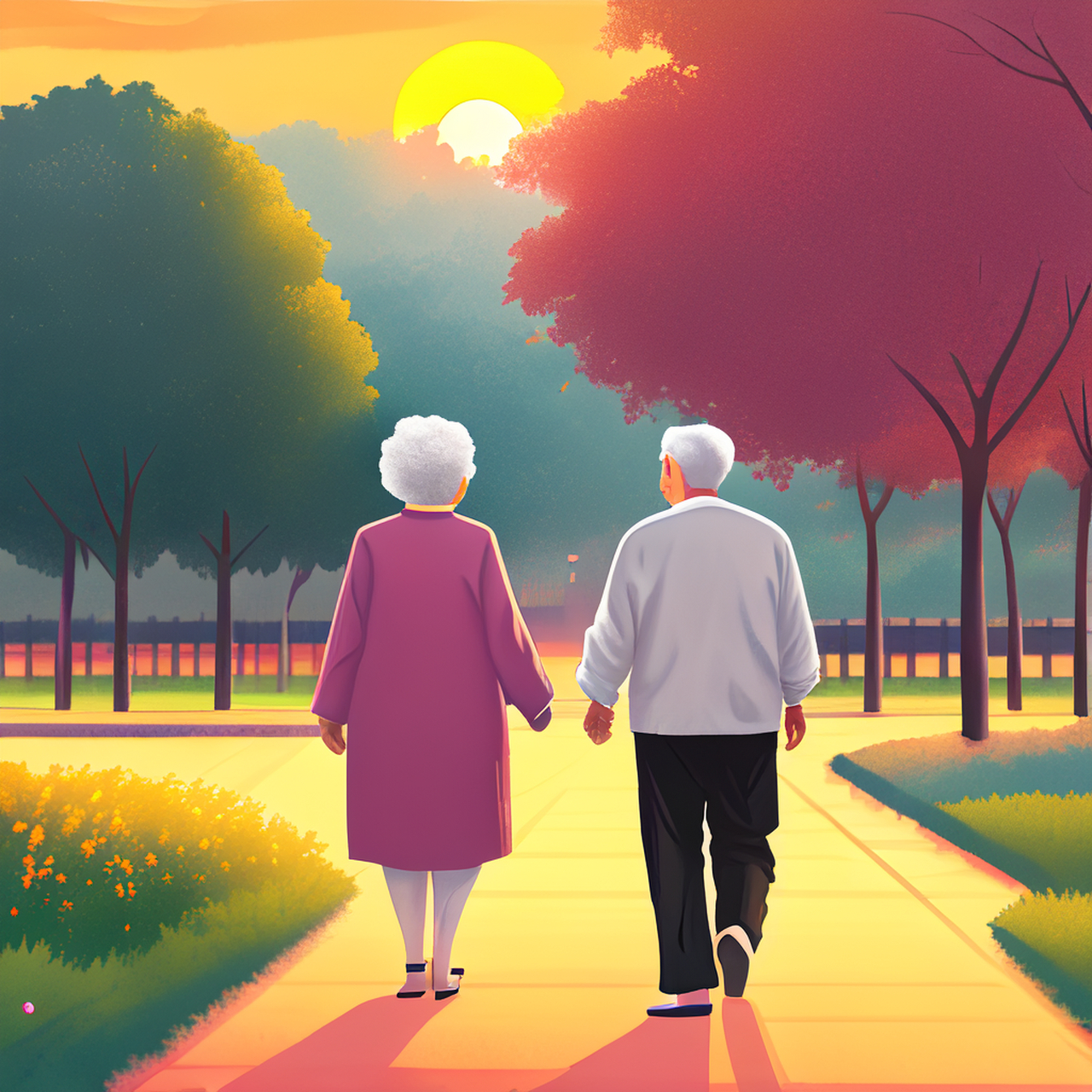 画一副夕阳西下,一对老年夫妻相互搀扶在公园散步