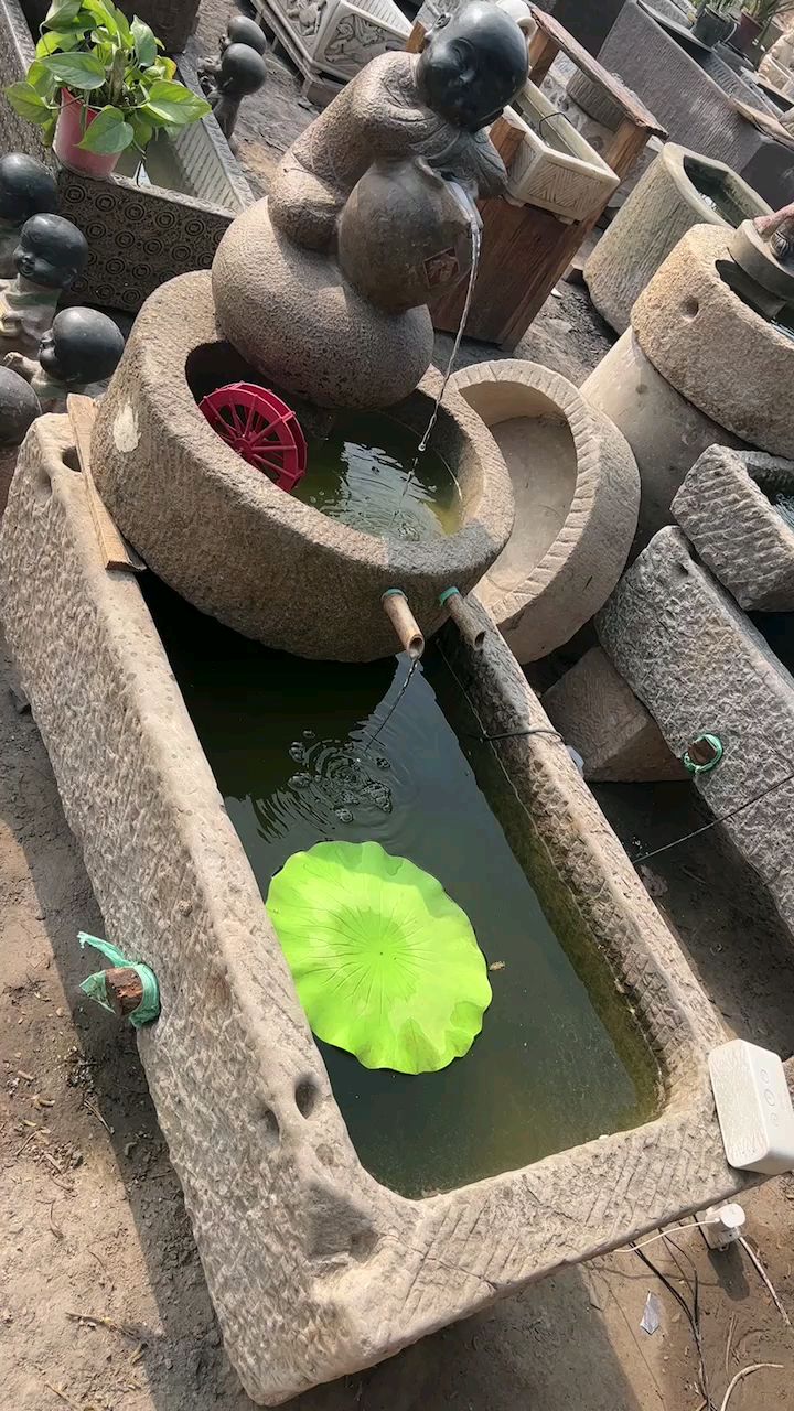 流水生财—老石槽磨盘流水摆件造景