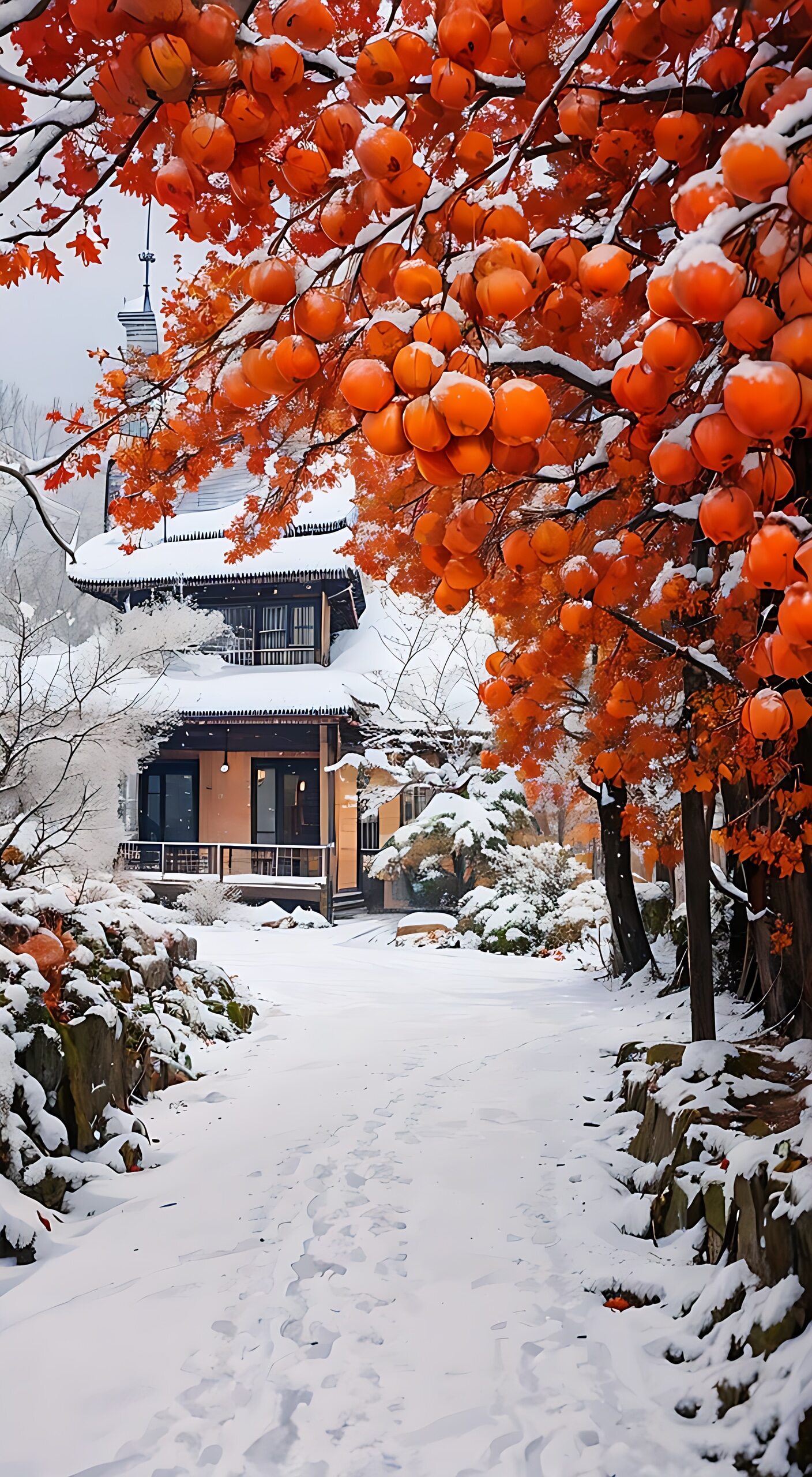 冬天来了,雪地的柿子树太美了,充满诗意的景象,仿佛一幅美丽的画卷