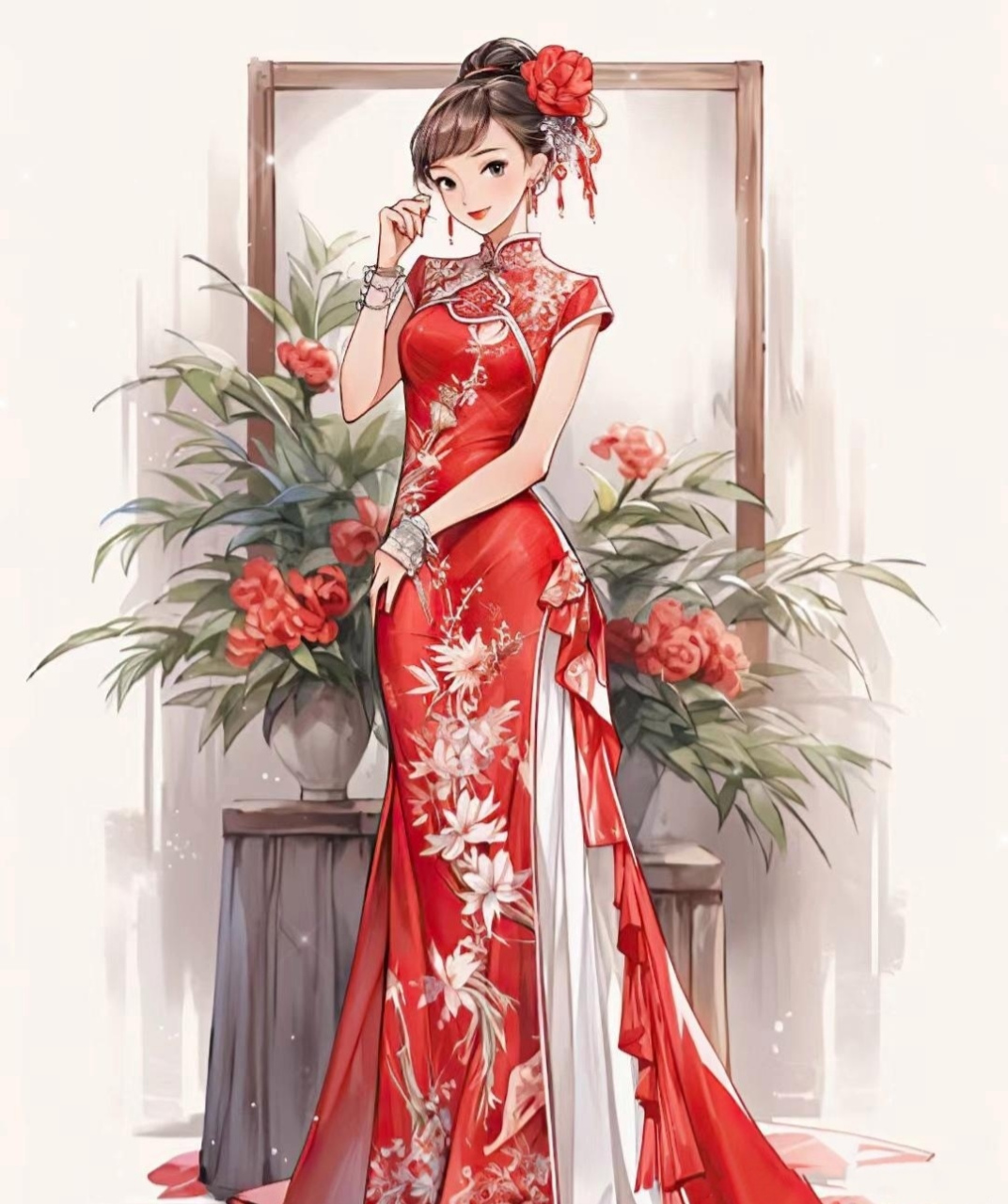 一组ai生成的国风旗袍人物绘画,展现了角色的秀美与服饰的雍容华丽.