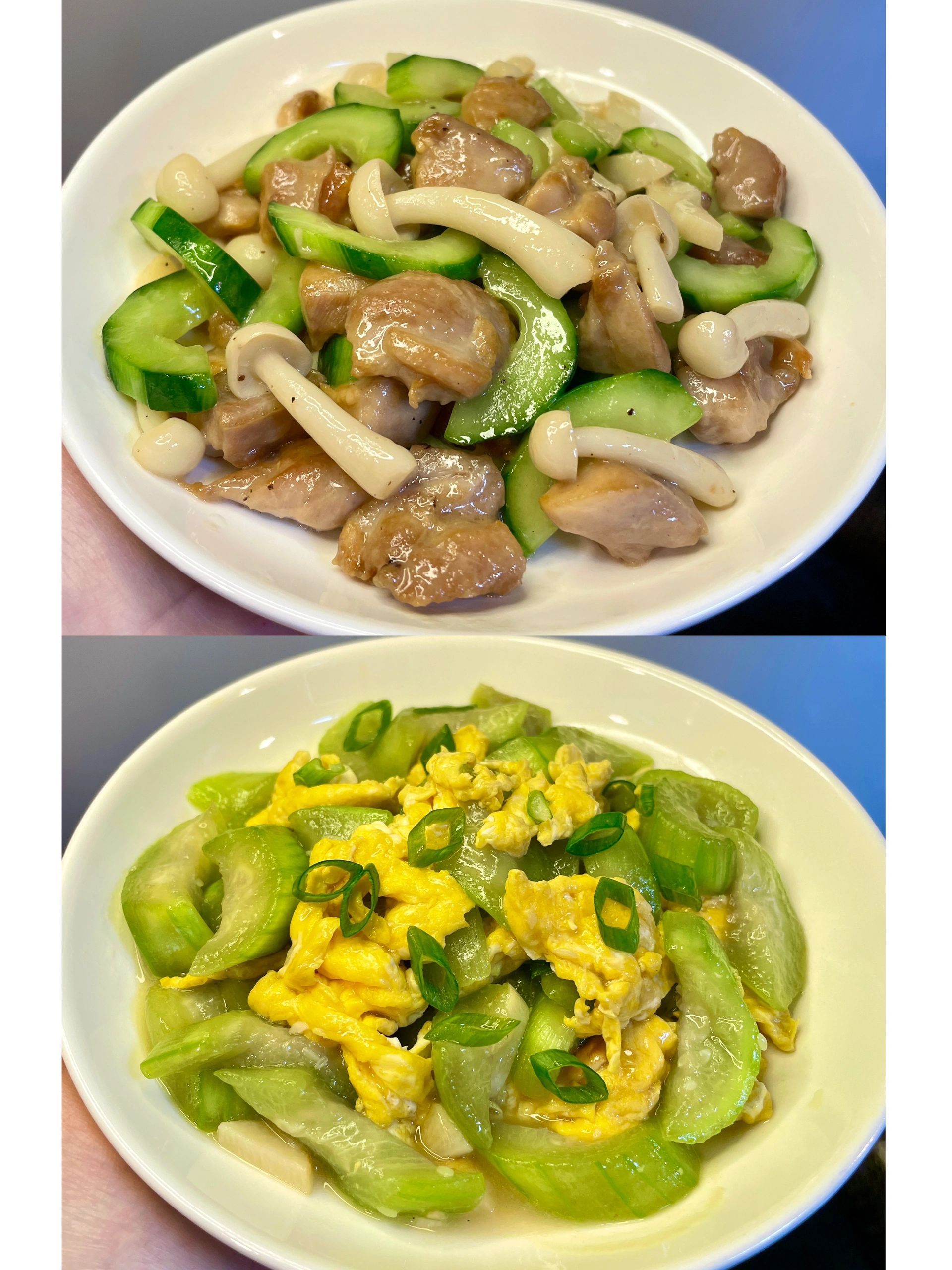 小炒青瓜鸡腿肉丝瓜炒蛋|||青瓜跟鸡腿肉搭配吃着太