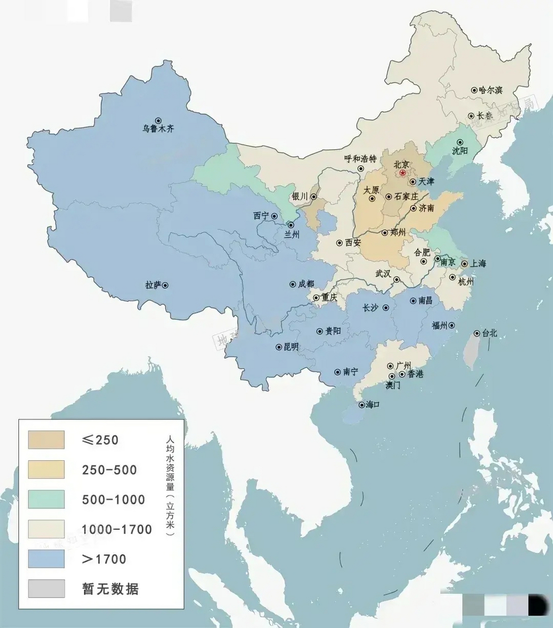 这是全国各省人均 水资源分布:新疆青海和甘肃人均靠前,山东山西河南