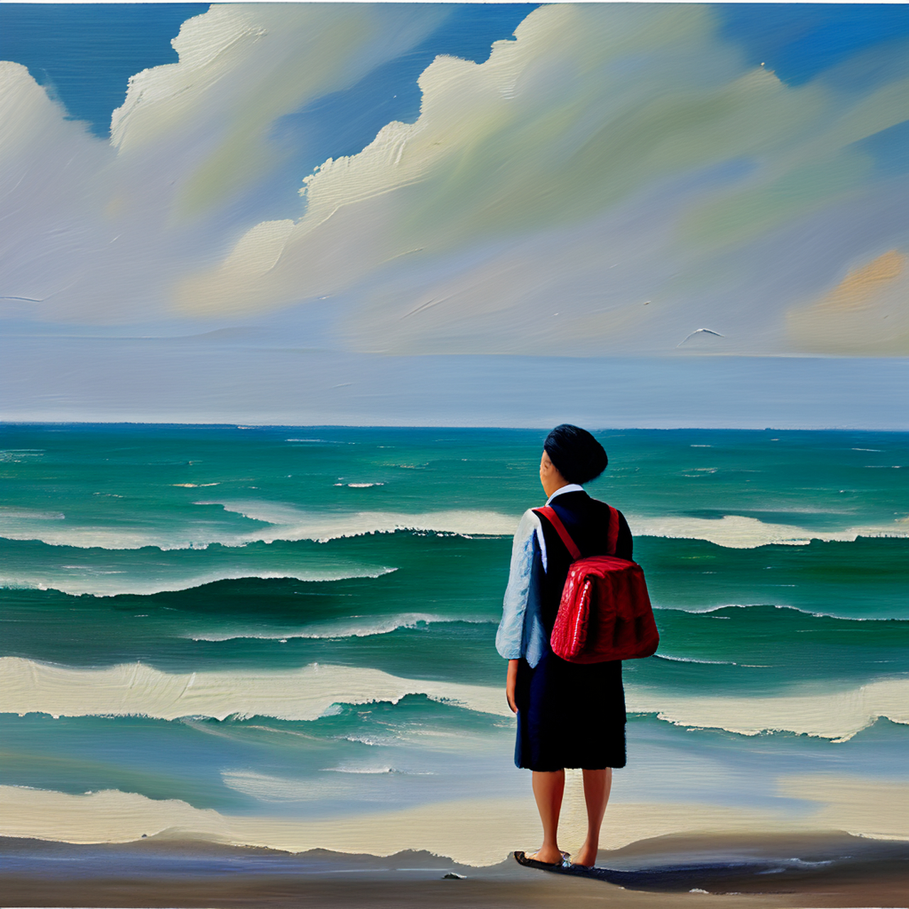 50岁的中年女人看海的现代风油画