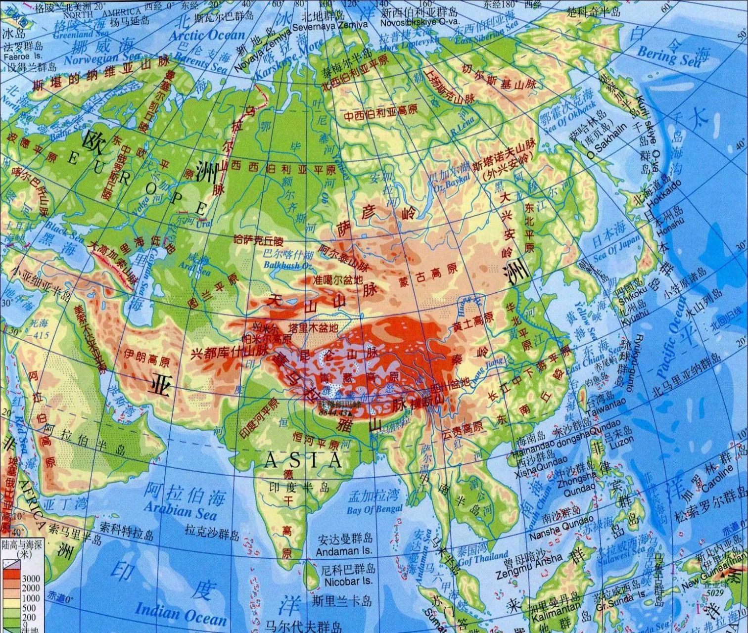 亚欧大陆地形图,青藏高原屹立中央,滋养着周边国家,护卫着华夏文明